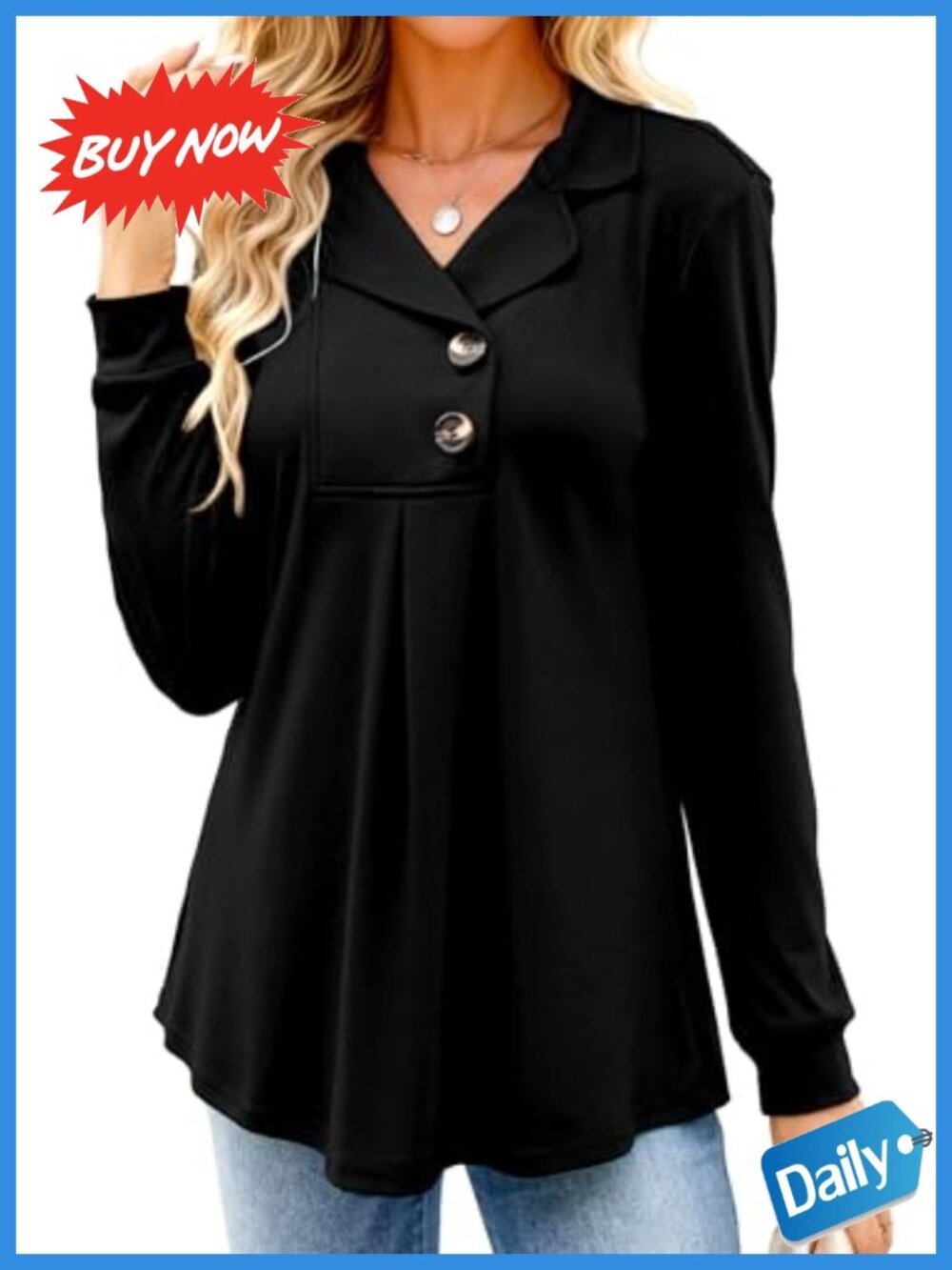 Womens Long Sleeve Tunic Top Button Notch Collar Sweatshirt Pullover